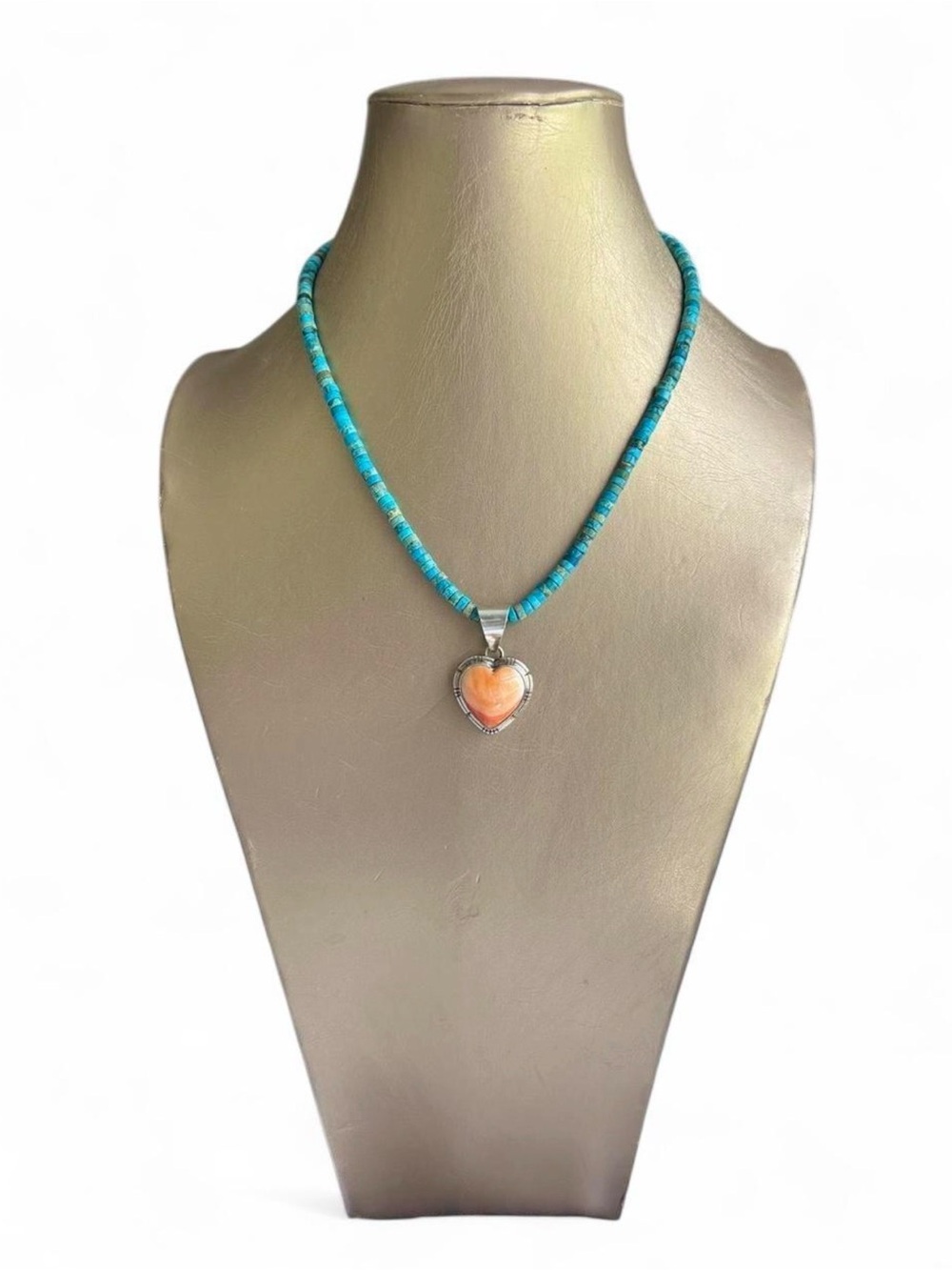 Spiny Oyster Heart Pendant and Turquoise Necklace 18”